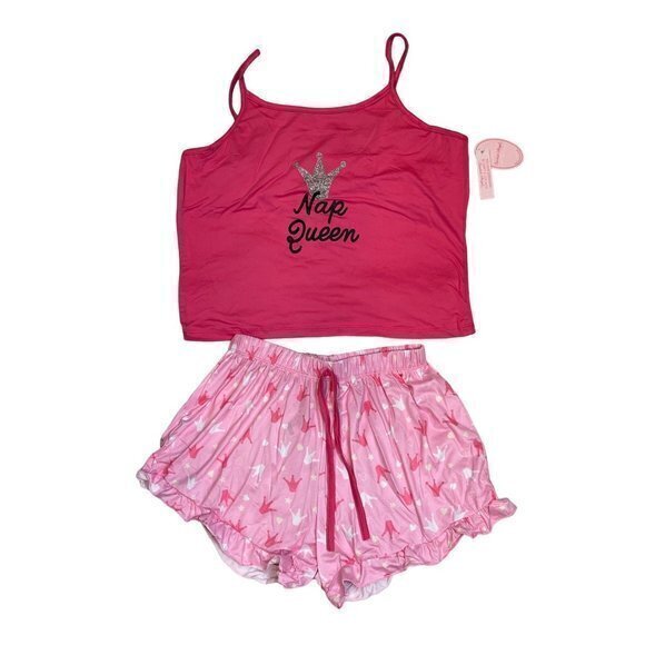 Spoiled Angel Sleepy Nap Queen Cropped Cami Ruffle Trim PJ Short Set Pink Large - Picture 4 of 8